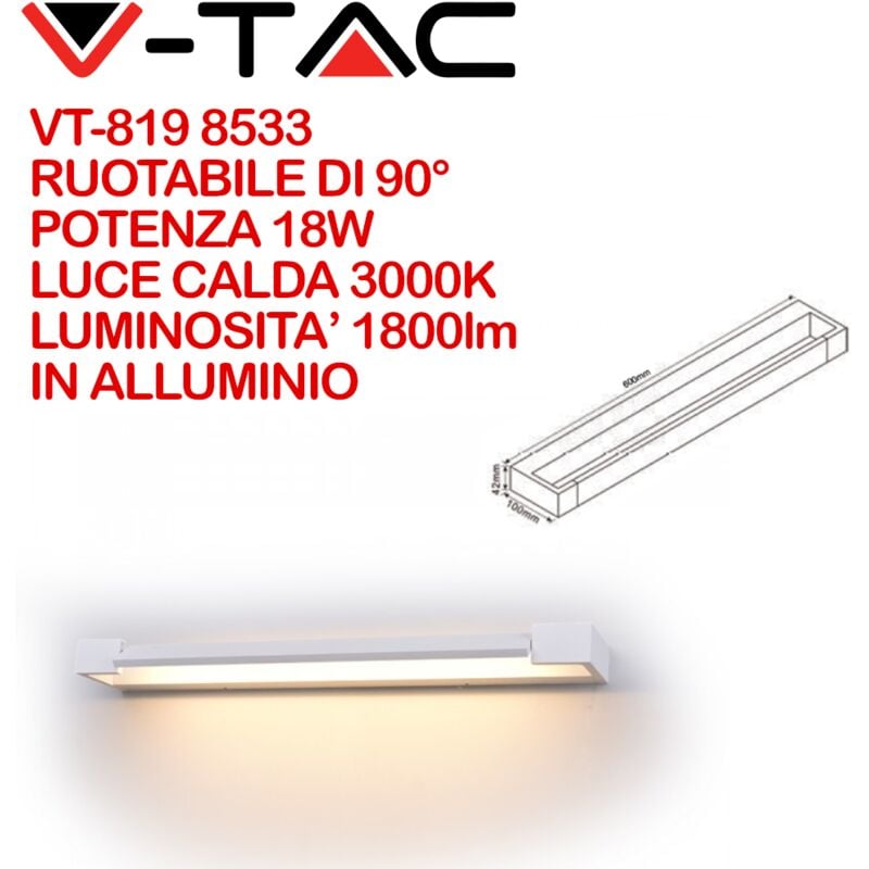 V-TAC VT-819 8533 Lampada LED da Muro Rettangolare 18W con Pannello Ruotabile 90° Colore Bianco 3000K IP44