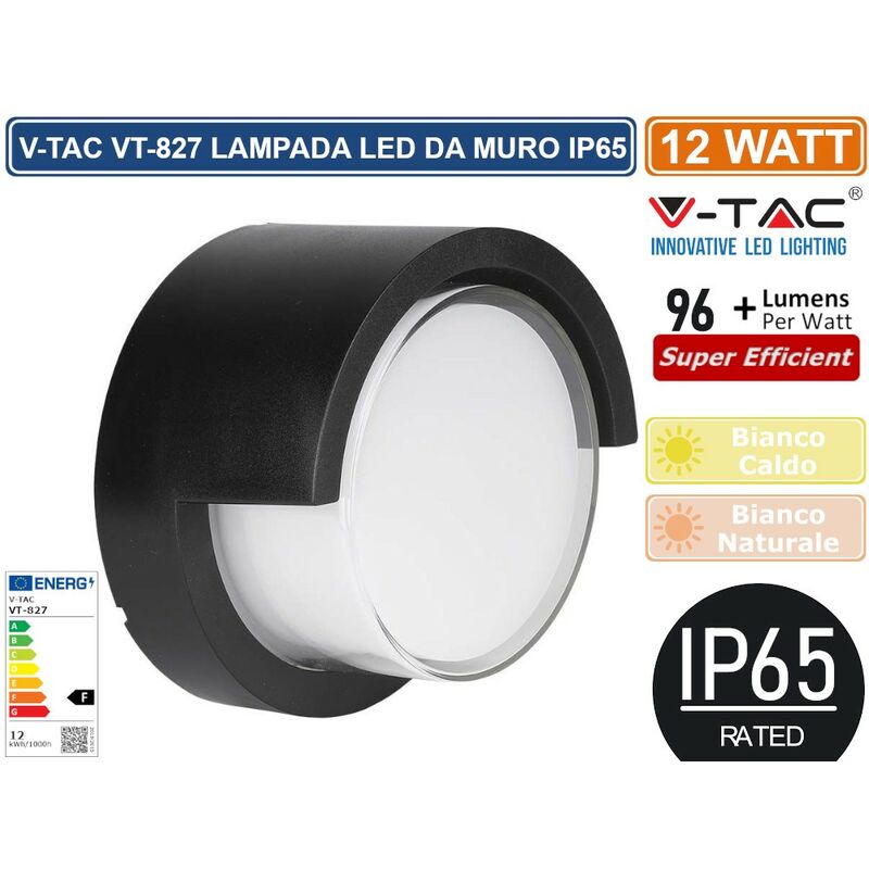 Image of VT-827 lampada led da muro 12W wall light IP65 applique rotonda colore nero - sku 218537 / 218538 - Colore Luce: Bianco Caldo - V-tac