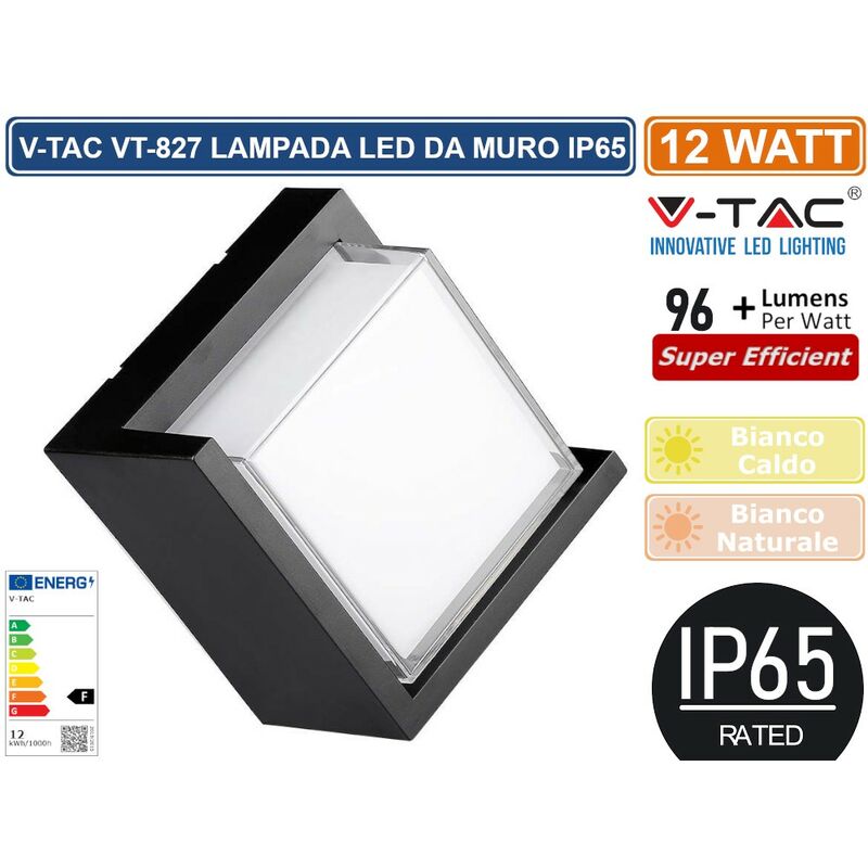 Image of VT-827 lampada led da muro 12W wall light IP65 applique quadrata colore nero - sku 218539 / 218540 - Colore Luce: Bianco Caldo - V-tac