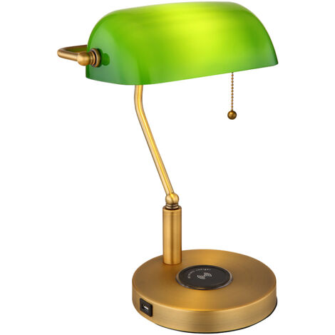 Lampada LED da scrivania lampada banker lampada da tavolo in ottone antico vetro verde luce di lettura, ricarica wireless connessione USB, interruttore a strappo, 7W 806lm bianco caldo, LxH 26,5x36 cm