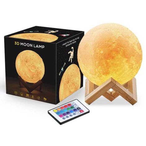Lampada LED Luna 3D, 16 colori RGB, touch e telecomando, dimmerabile, luce notturna da 15 cm con base in legno e caricabatterie USB incluso