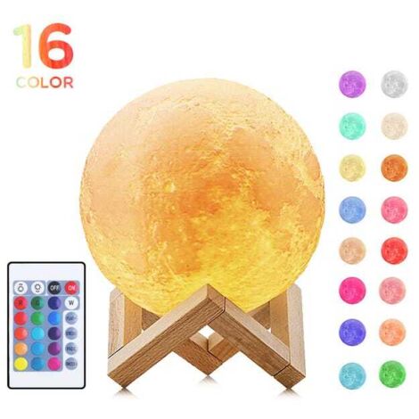 Lampada LED Luna 3D, 16 colori RGB, touch e telecomando, dimmerabile, luce notturna da 15 cm con base in legno e caricabatterie USB incluso
