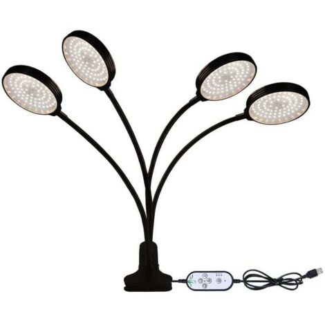 Lampada LED per la coltivazione a 4 teste, spettro completo, luce bianca, timer da 4/8/12 ore, 5 livelli di luminosità, clip
