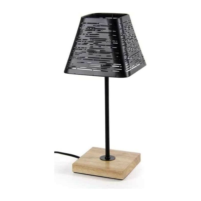 Image of Lampada Lumetto Da Tavolo Con Paralume Nero E Base Quadrata In Legno 15 X H34 Cm