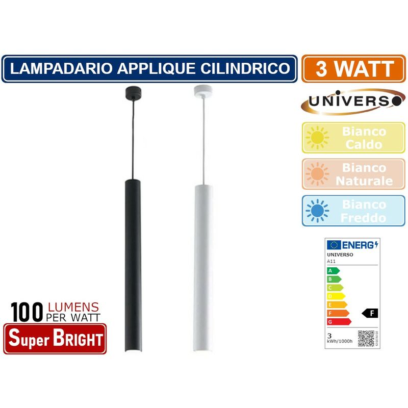 Image of Lampadario applique a sospensione di forma cilindrica 3W 300 lumen colore bianco - nero - Colore Luce: Bianco Naturale Colore: Nero
