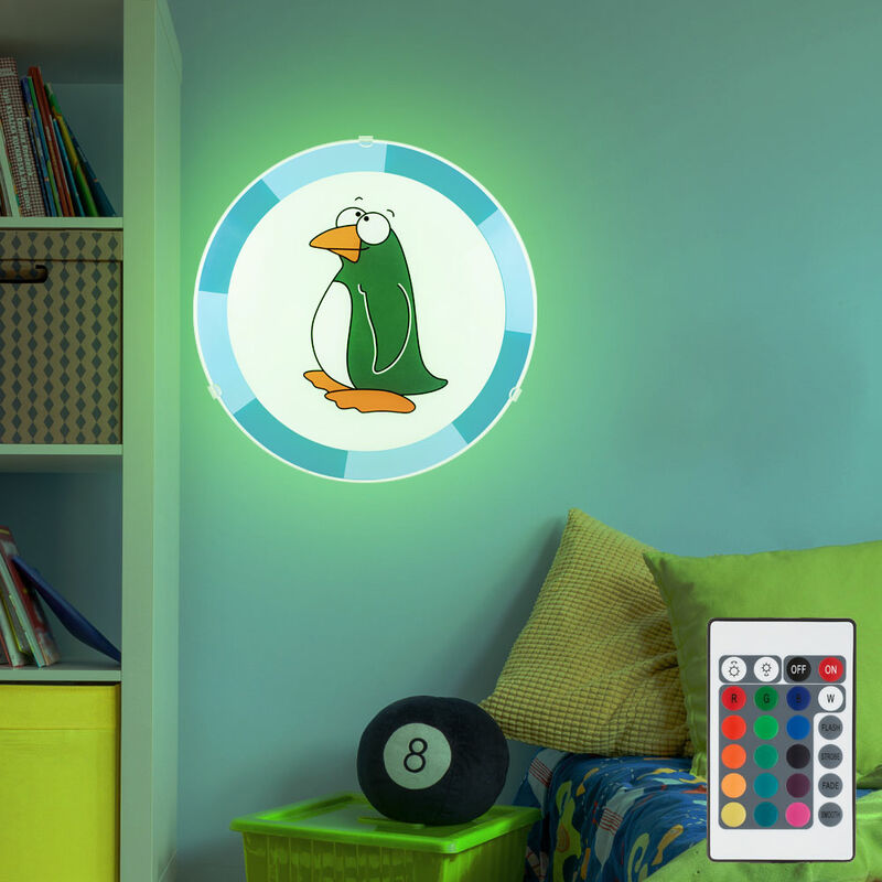 Image of Lampada da soffitto per cameretta dei bambini Lampada da soffitto a pinguino Lampada da parete per bambini blu per bambini, vetro d'acciaio,
