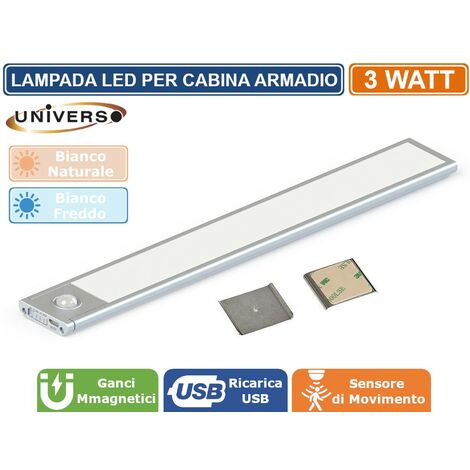Lampada Ricaricabile USB Sensore Movimento Armadio Cucina 60Ccm Luce Fredda 6000k