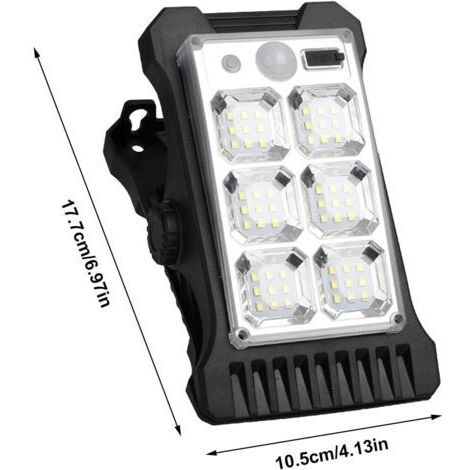 Lampada solare a clip, impermeabile con sensore di movimento per la sicurezza esterna, ricaricabile tramite USB, ideale per vialetti, patii e giardini, con luminosità regolabile.