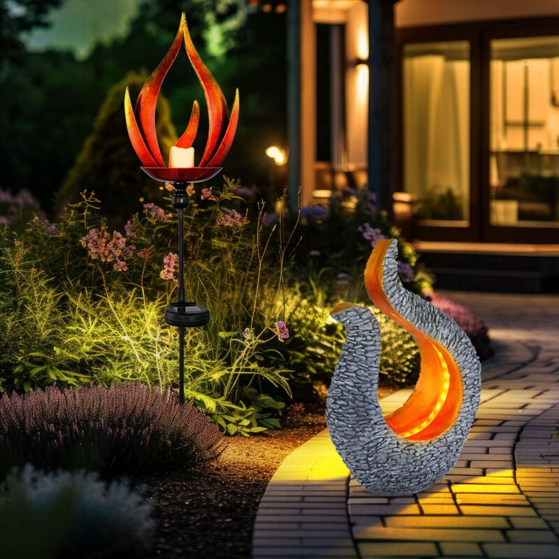 Image of Lampada solare a led con effetto fuoco, lampada da esterno, lampada da giardino, design a fiamma, aspetto pietra-scultura, bianco caldo, set da 2