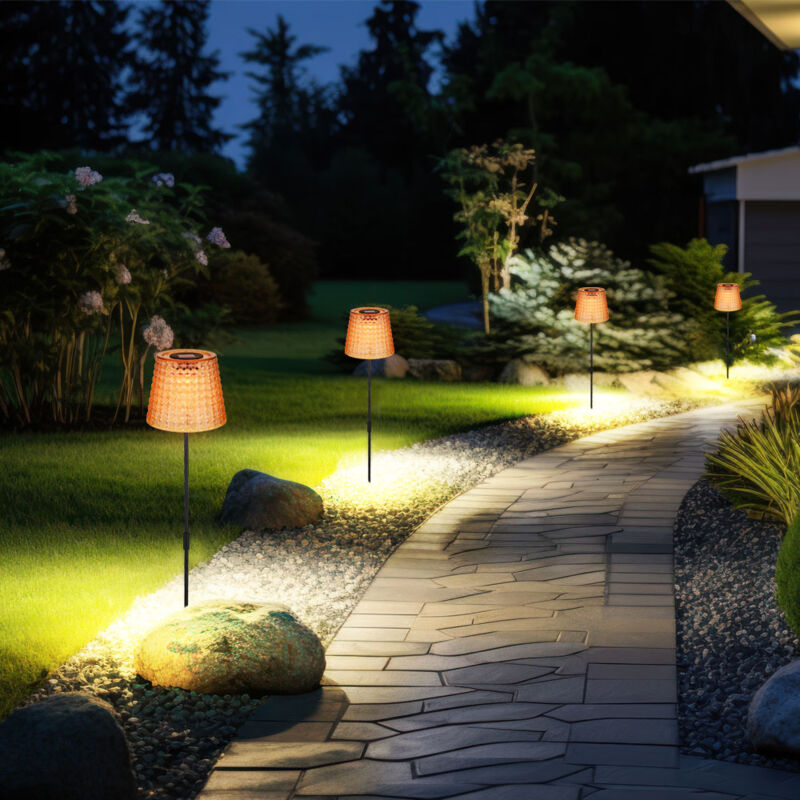 Image of Lampada solare a led decorazione da giardino lampada da esterno luce di cristallo, plastica nera ambrata, batteria IP44 picchetto, bianco caldo