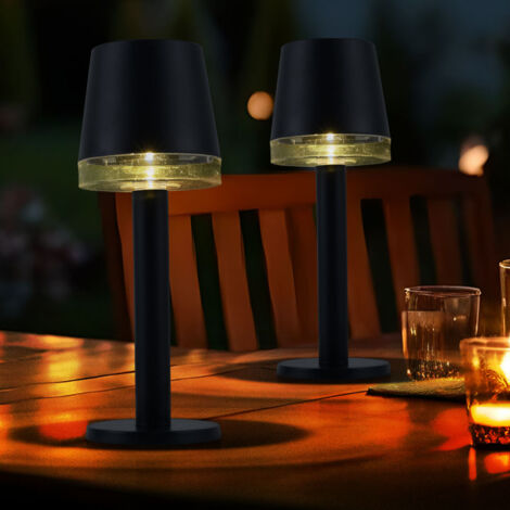 Lampada solare a LED lampada da tavolo lampada da esterno lampada da terrazza lampada da giardino, plastica trasparente nera, batteria 6-8 ore IP44, 3000K bianco caldo, set da 2, H 21,5 cm