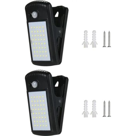 Lampada solare a LED per esterni con staffa di montaggio a morsetto e rilevatore di movimento.