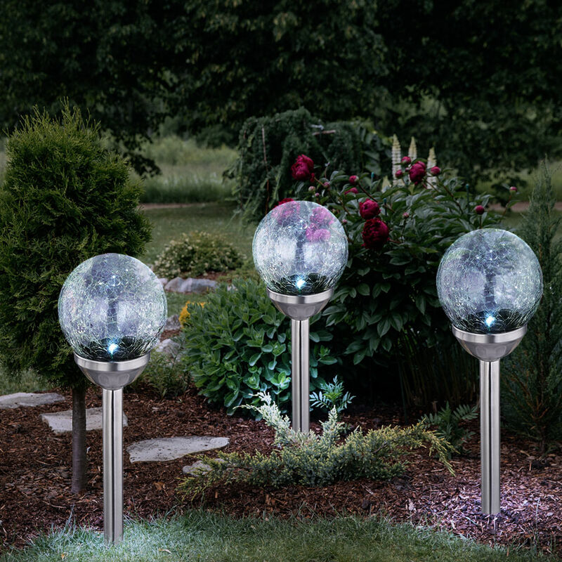 Image of Lampada solare a sfera in vetro, decorazione da giardino, lampade solari, sfera in vetro, picchetto, design crepitio, led, h 45 cm, balcone, set da 3