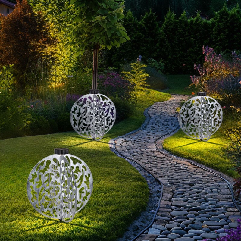 Image of Lampada solare argento per terrazza Reto lampada da esterno, lampada da incasso a led decorazione da giardino balcone antico, metallo rotondo opaco,
