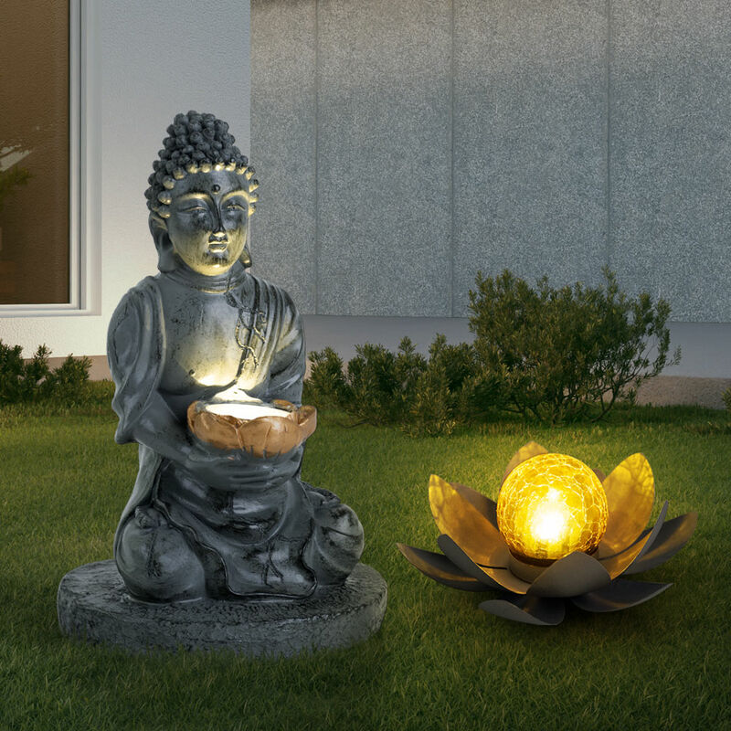 Image of Lampada solare Buddha Feng Shui fiore solare esterno fiore di loto esterno vetro crackle solare, grigio, lampadine a led, 1x loto 1x Buddha, set di 2