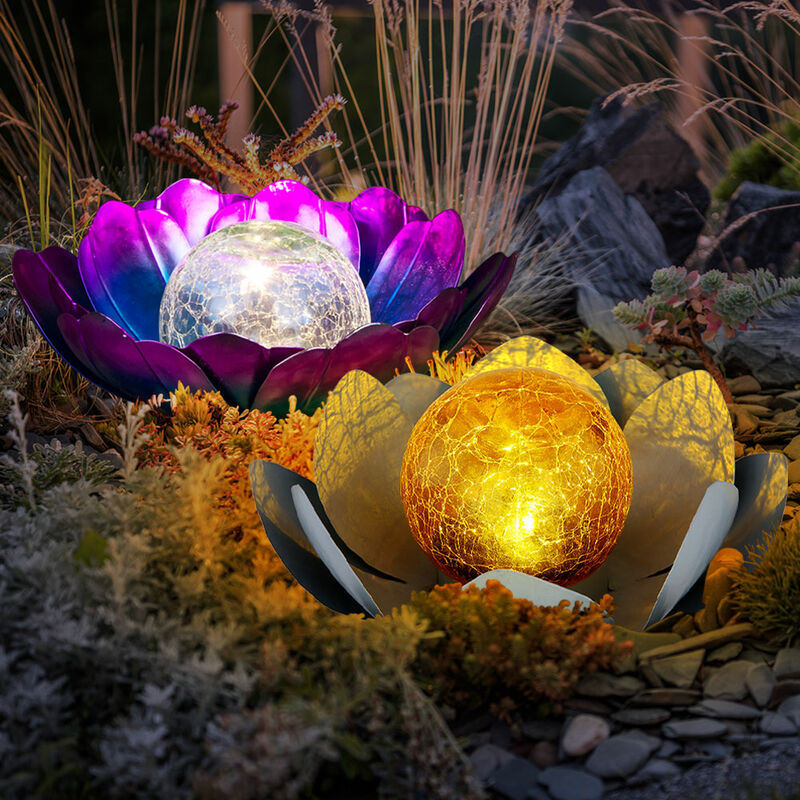 Image of Lampada solare da giardino, lampada retrò, LED, fiore di loto, vetro crepitio resistente alle intemperie, metallo, 1x LED, LxLxA 25x25x10 cm, set da 2