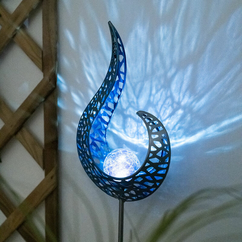 Image of Lampada solare decorazione giardino torce solari fiamma, design fiamma con effetto luce blu, vetro craquelé bianco freddo a led, h 90 cm, balcone