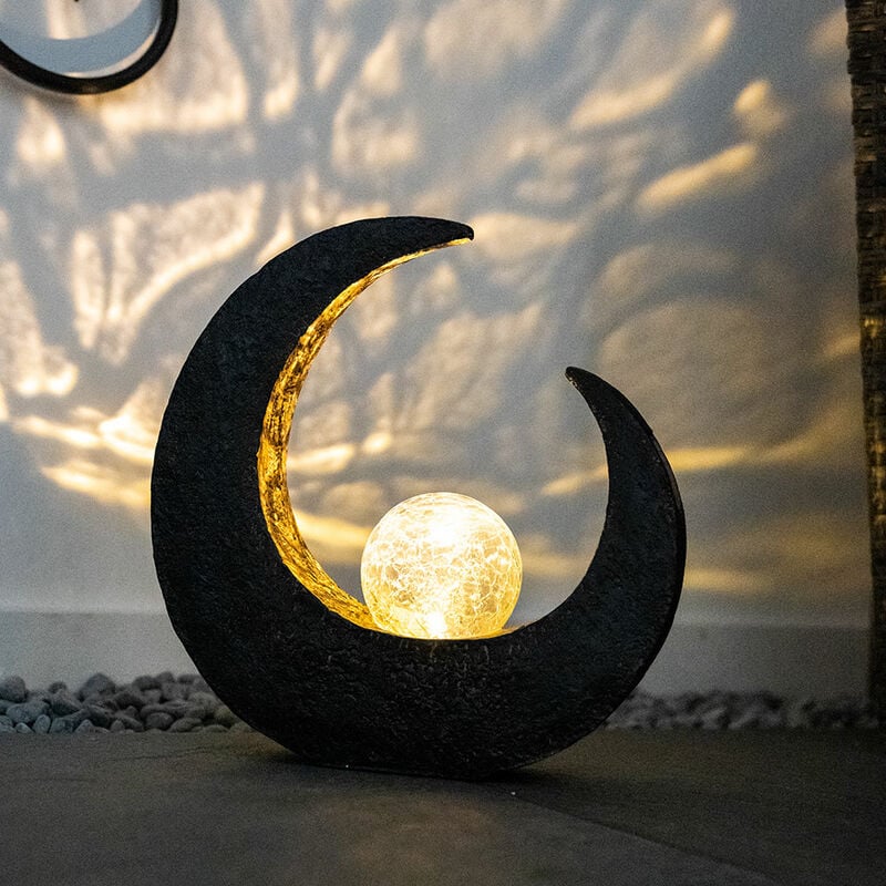 Image of Lampada solare esterna falce di luna lampada da giardino lampada solare batteria ricaricabile palla nera, plastica marrone, led, LxA 9 x 30,5 cm