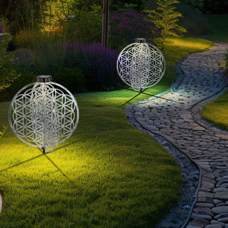 Image of Lampada solare lampada da giardino con luce decorativa orientale Fiore della Vita, lampada solare solare per esterni, metallo, picchetto, 1x led,