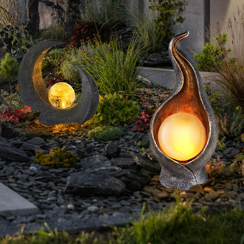 Image of Lampada solare luna marrone/nera lampada da esterno scultura solare lampada solare fiamma oro argento, sfera luminosa, lampadine a led, set di 2