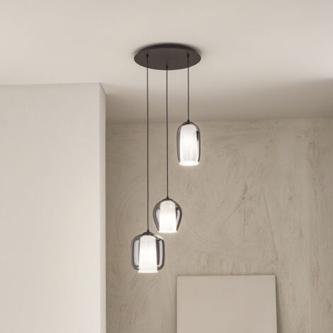 Lampada sospensione BONNIE con 3 diffusori in vetro soffiato 45 cm Fume'