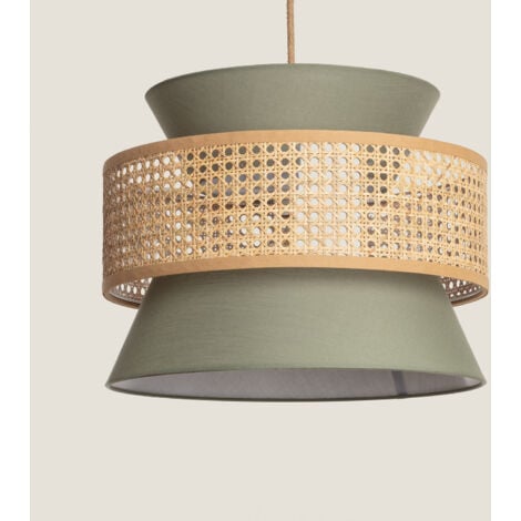 LEDKIA Lampada Sospensione Rattan e Tessuto Chulu Verde Cachi