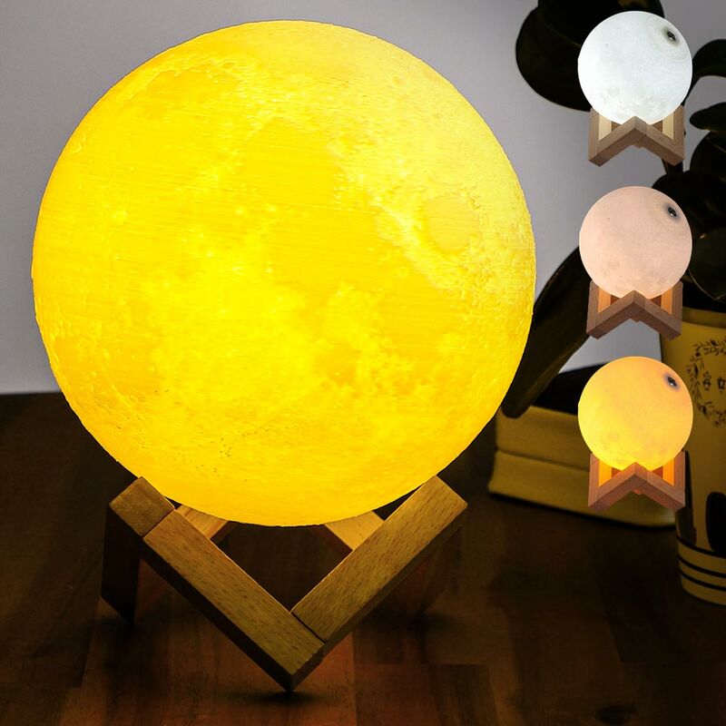 Image of Bakaji - Lampada Tavolo Luna 15cm Luce led 3 Colori Moon Lamp Batteria usb Supporto Legno