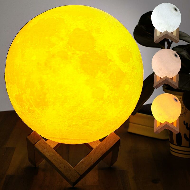 Image of Lampada Tavolo Luna 18cm Luce led 3 Colori Moon Lamp Batteria usb Supporto Legno