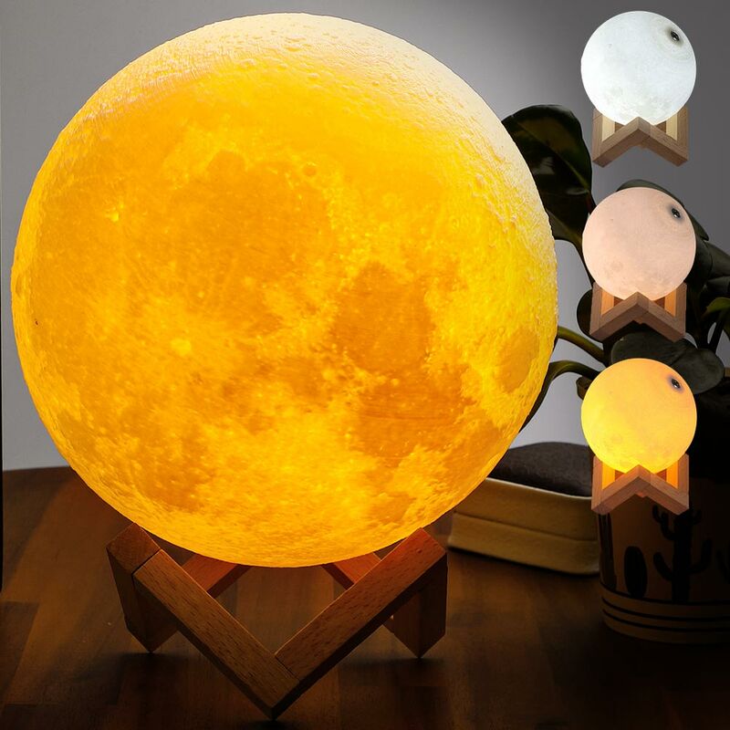 Image of Bakaji - Lampada Tavolo Luna 20cm Luce led 3 Colori Moon Lamp Batteria usb Supporto Legno