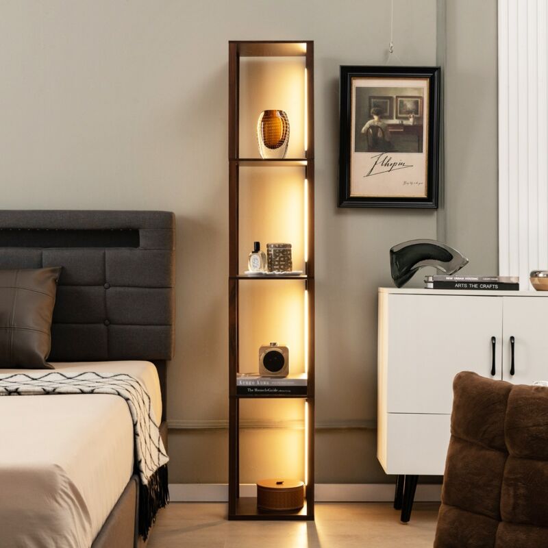 Lampadaire 163 cm Lampadaire Étagère Moderne avec Ampoules LED à intensité variable 3 niveaux et Poteaux LED rotatifs Noyer