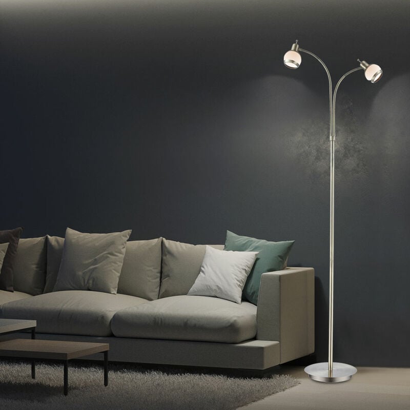 Lampadaire 2 flammes lampadaire abat-jour en verre Lampe de salon sur pied, métal laiton antique verre opale, 2x douilles G9, h 155 cm