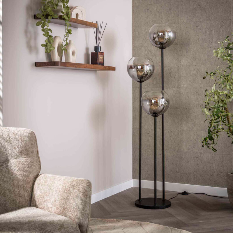 Lampadaire 3 lampes 46x162 cm en verre fumé gris et métal Lampadaire 3 lampes 46x162 cm en verre fumé gris et métal