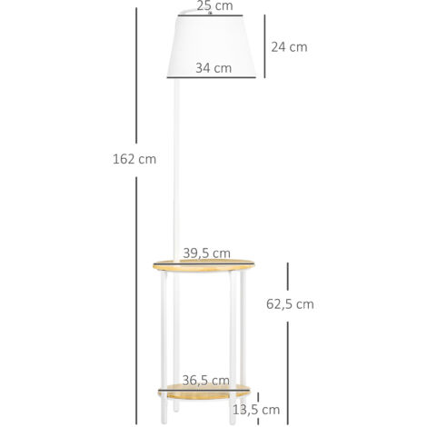 Lampadaire à 2 étagères, lampe sur pied, interrupteur au pied, 40 W, culot E27, naturel et blanc