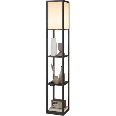 Lampadaire à étagères avec lumière réglable, interrupteur au pied et ports USB, noir