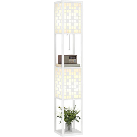 Lampadaire à motif quadrillé, étagères à 2 niveaux, compatible avec différentes ampoules, blanc