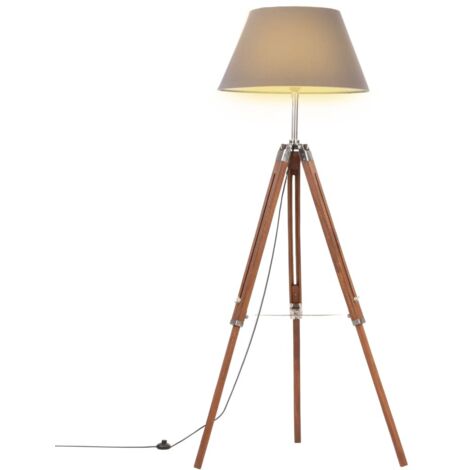 Lampadaire à trépied Lampe sur Pied  Lampadaire salon Marron miel et gris Bois de teck 141 cm 97735
