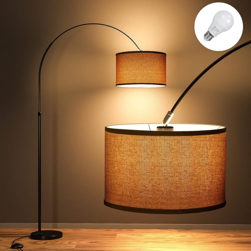 Modlicht - 165-180 cm Lampadaire Arc, Comprend led E27 9W 3000K, Commutateur au pied, Abat-jour en Lin, Lampadaire Décoratif Rétro Adapté au salon, à