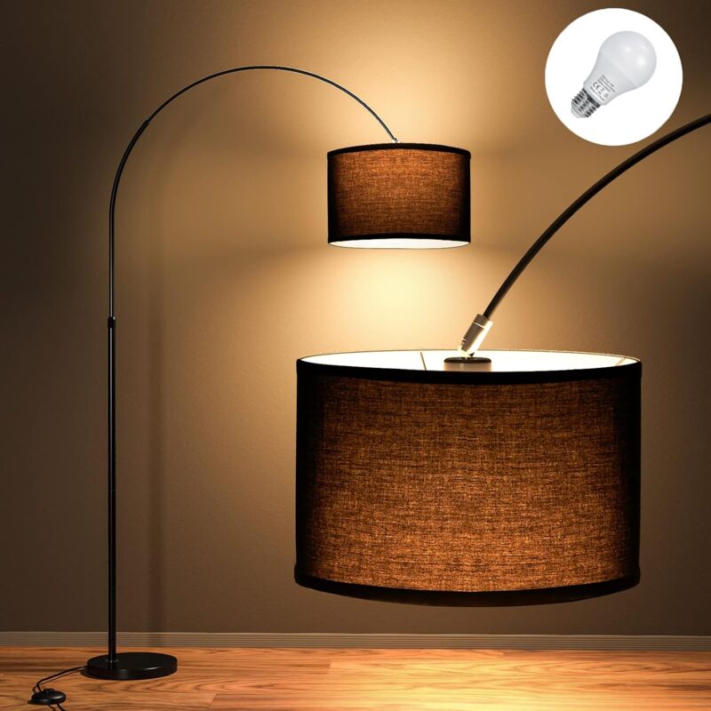 Modlicht - 165-180 cm Lampadaire Arc, Comprend led E27 9W 3000K, Commutateur au pied, Abat-jour en Lin, Lampadaire Décoratif Rétro Adapté au salon, à