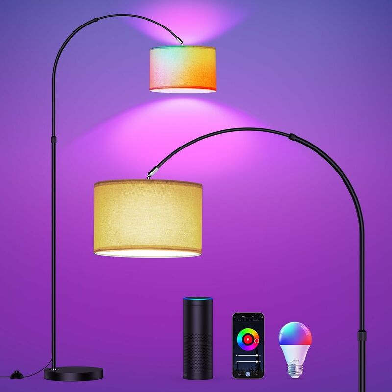 Lampadaire Arc rgb Ampoule Intelligent, fonctionne avec Alexa et Google Home, Lampadaire Modern Variable, Abat-jour en lin beige , E27 9W pour le