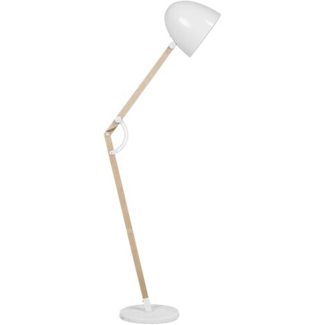 Lampadaire Arc en Métal Blanc et Bois Clair avec Pied et Abat-jour Réglable E27 Max 60W pour Salon Chambre ou Coin Lecture Scandinave