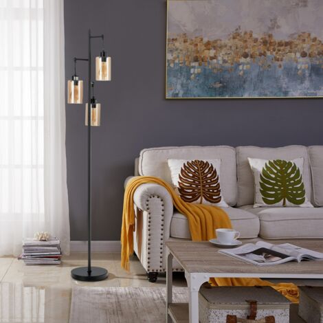Lampadaire Autonome Lampadaire Rétro avec Abat-Jour en Verre Ambré à 3 Têtes Suspendues Interrupteur à Pied Base en Métal Noir