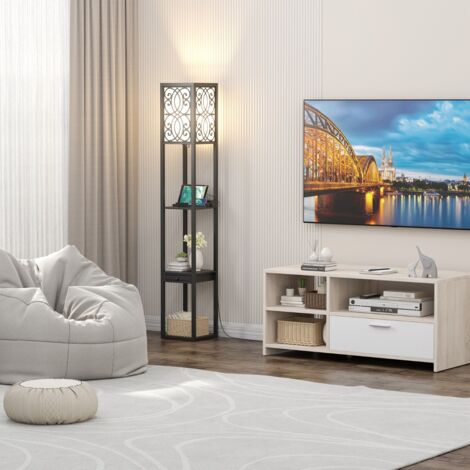 Lampadaire avec 3 Étagères et Tiroir 1 Prise de Courant et 2 ports USB pour Salon et Chambre Noir