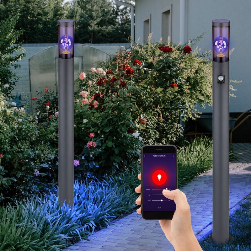 Lampadaire avec détecteur de mouvement, lampe d'extérieur, lampadaire, acier inoxydable, anthracite, fumée, contrôle par application, 1x Smart rgb