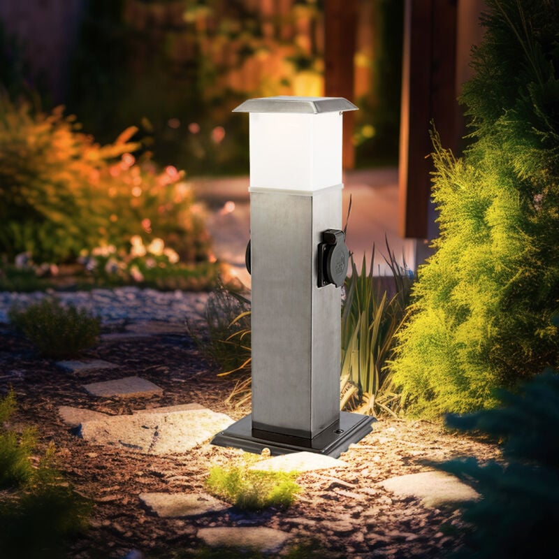 Lampadaire avec douilles, éclairage extérieur, prises, distributeur d'énergie avec éclairage, acier inoxydable opale, 1x led 1,1W 90Lm blanc chaud,