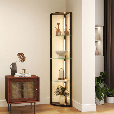 Lampadaire avec étagères en verre et éclairage LED, 3 niveaux de luminosité et interrupteur au pied, pour salon et séjour, noir