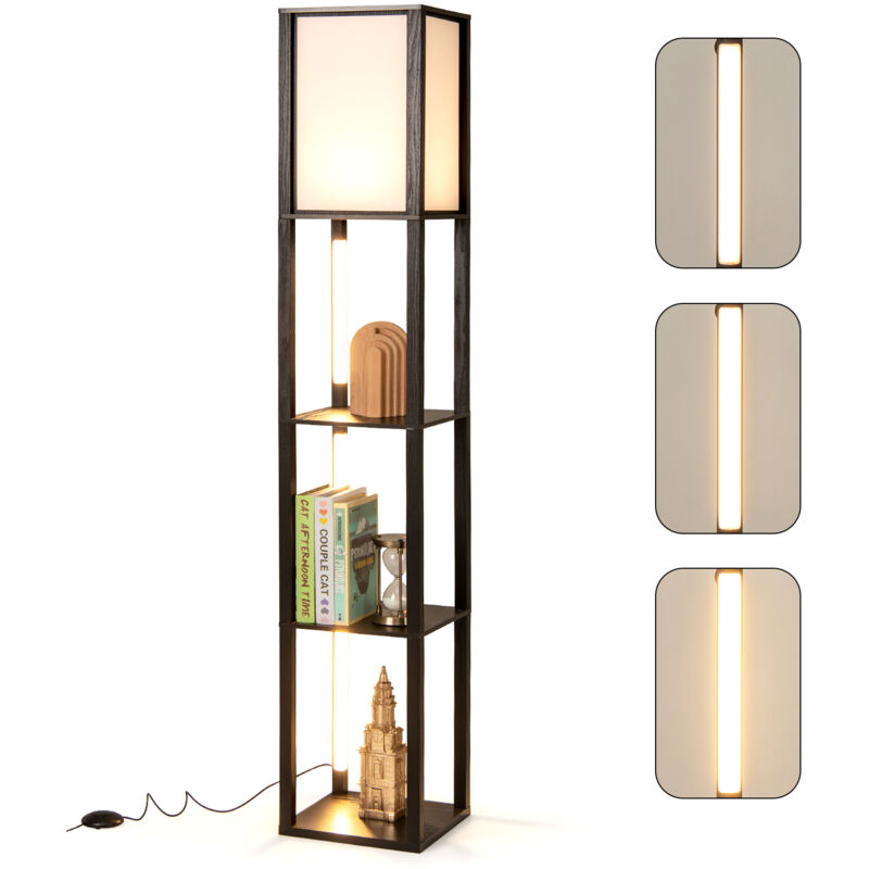 Lampadaire avec Étagères, Lampe Étagère avec 3 Bandes LED & Abat-jour, Luminosité Réglable à 3 Niveaux, Interrupteur au Pied pour Salon, Chambre