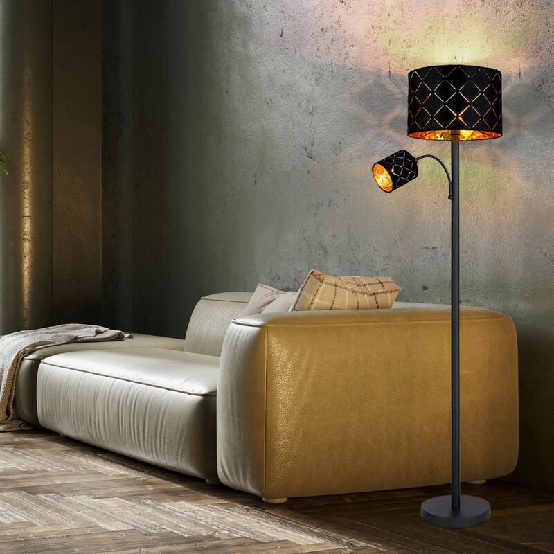 Lampadaire avec lampe de lecture Lampadaire de salon Lampadaire Lampe de lecture Plafonnier or noir, lampe de lecture décor flexible poinçonnages, 1x