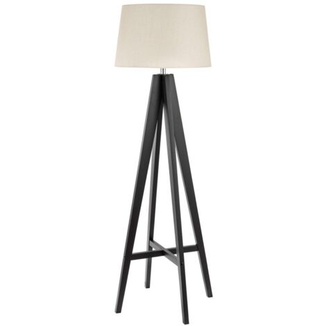Lampadaire chevalet bois foncé, abat-jour en lin crème tissu teinté bois foncé