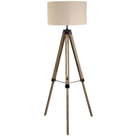 Lampadaire chevalet, support marron délavé, abat-jour tambour en lin peint