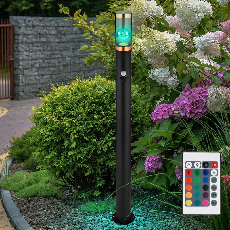 Lampe sur pied Éclairage extérieur Lampadaire avec détecteur de mouvement Jardin Acier inoxydable, intensité lumineuse variable Télécommande, 1x rgb